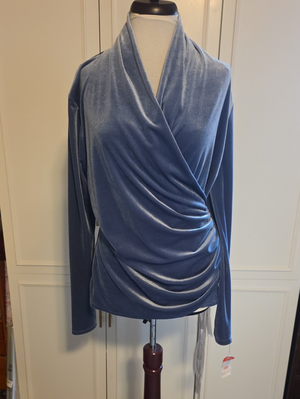 Draped Velvet Wrap-Front Long Sleeve Top - Blue